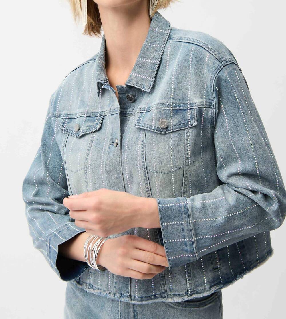 NEW JOSEPH RIBKOFF embellishments frayed hem jacket in light blue denim